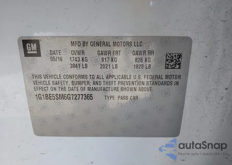 2016 Chevrolet Cruze Lt Auto из США, поврежденный, VIN 1G1BE5SM6G7277365